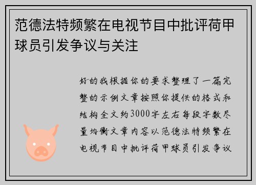 范德法特频繁在电视节目中批评荷甲球员引发争议与关注